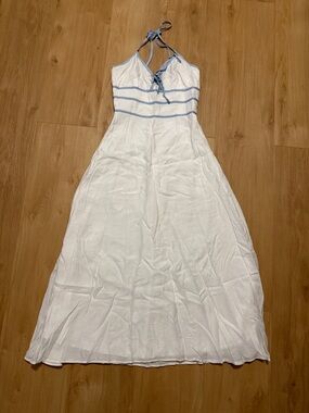 Storia White Maxi Dress with Light Blue Piping